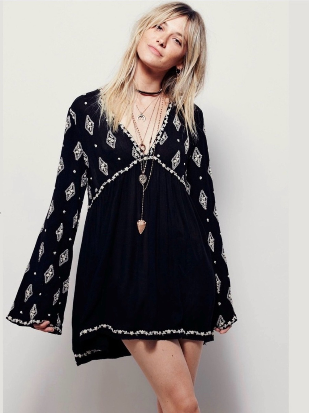 Free People Black Mini Dress with Embroidery